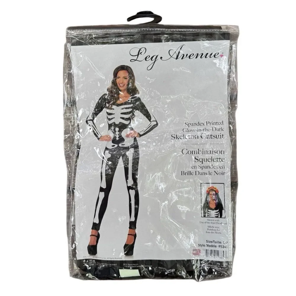 NIB Women's Leg Avenue Halloween Glow In The Dark Skeleton Catsuit Size Small